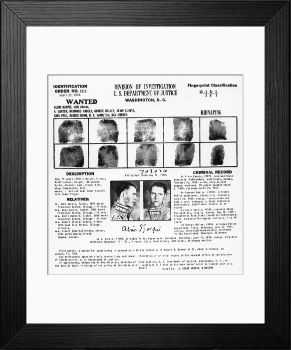 Framed Print : Wanted Flier Describing Alvin Karpis Framed Print : Wanted Flier Describing Alvin Karpis
