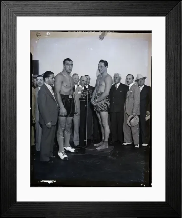 Framed Print : Primo Carnera Watches Max Baer Weigh-In Framed Print : Primo Carnera Watches Max Baer Weigh-In