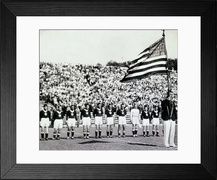 Framed Print : U.S. Soccer Team Standing Behind Flag Framed Print : U.S. Soccer Team Standing Behind Flag