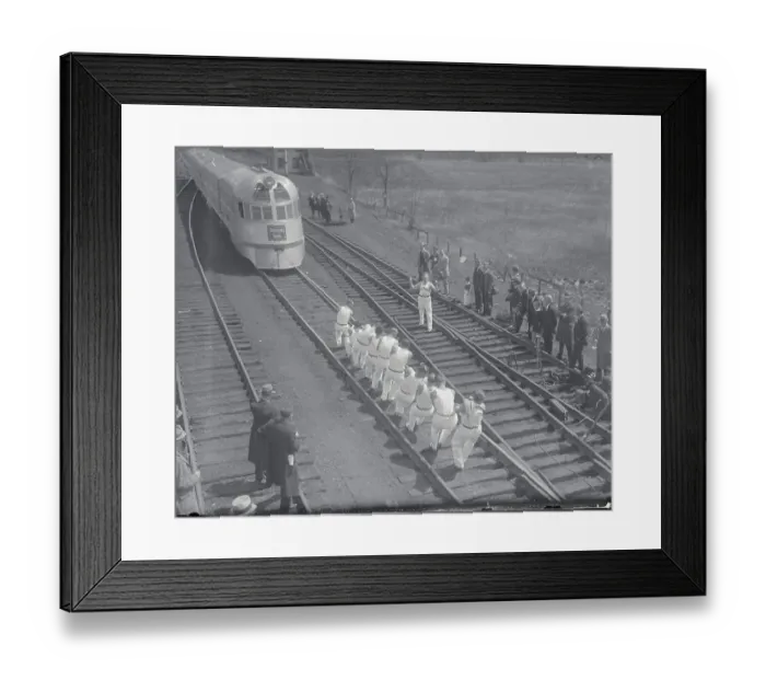 Framed Print : Crowd Observing Newly Designed Train Framed Print : Crowd Observing Newly Designed Train