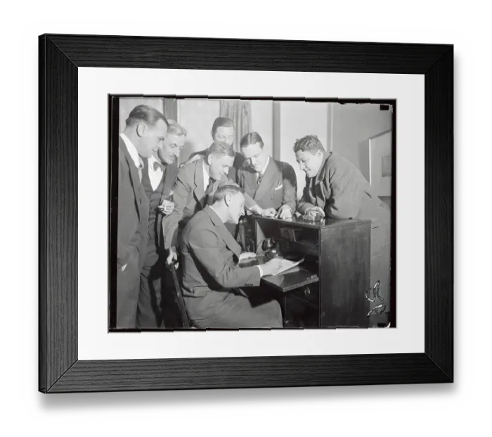 Framed Print : Casey Stengel Sitting at Desk and Surrounded by Friends Framed Print : Casey Stengel Sitting at Desk and Surrounded by Friends