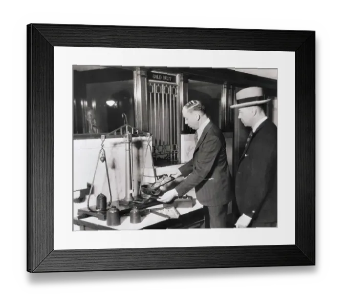 Framed Print : Banker Using Scale to Weigh Gold Framed Print : Banker Using Scale to Weigh Gold