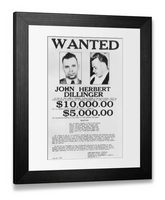 Framed Print : John Dillinger Wanted Poster Framed Print : John Dillinger Wanted Poster