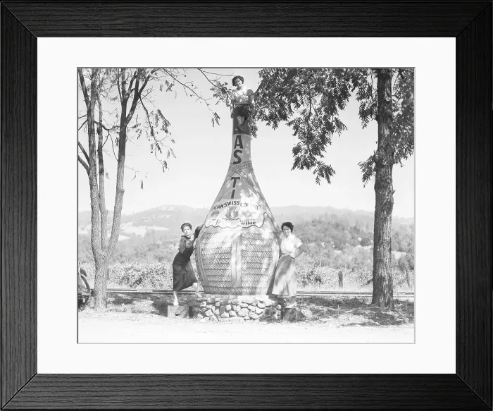 Framed Print : Women Posing with Wine Bottle Sign Framed Print : Women Posing with Wine Bottle Sign