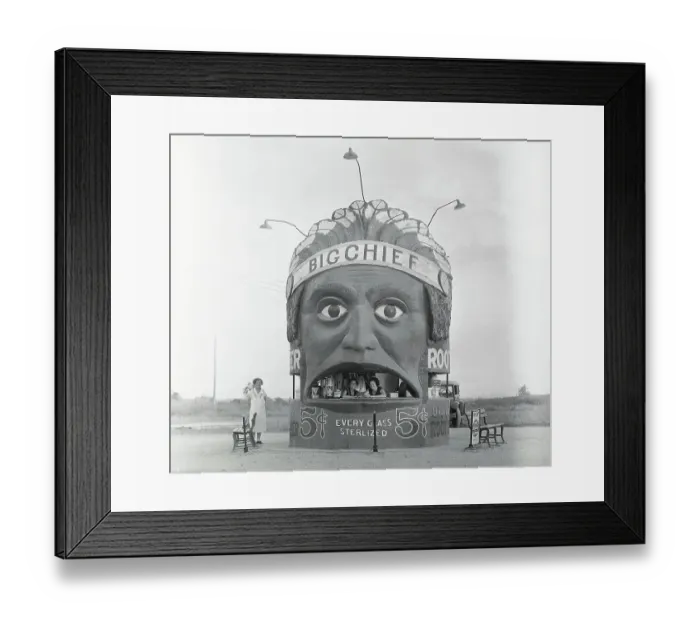 Framed Print : Root Beer Stand Shaped Like Indian Chief's Head Framed Print : Root Beer Stand Shaped Like Indian Chief's Head