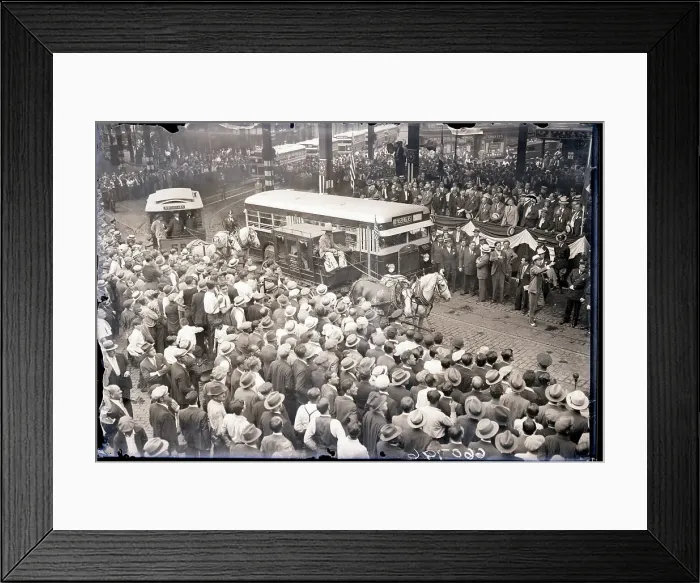 Framed Print : Crowd Watches Bus Line Debut