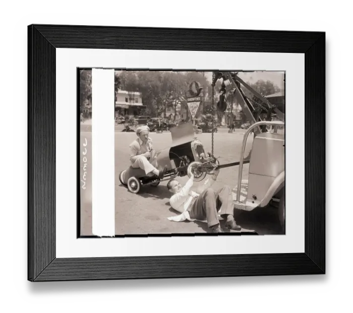 Framed Print : Vince Barnett Being Towed in His Minicar Framed Print : Vince Barnett Being Towed in His Minicar