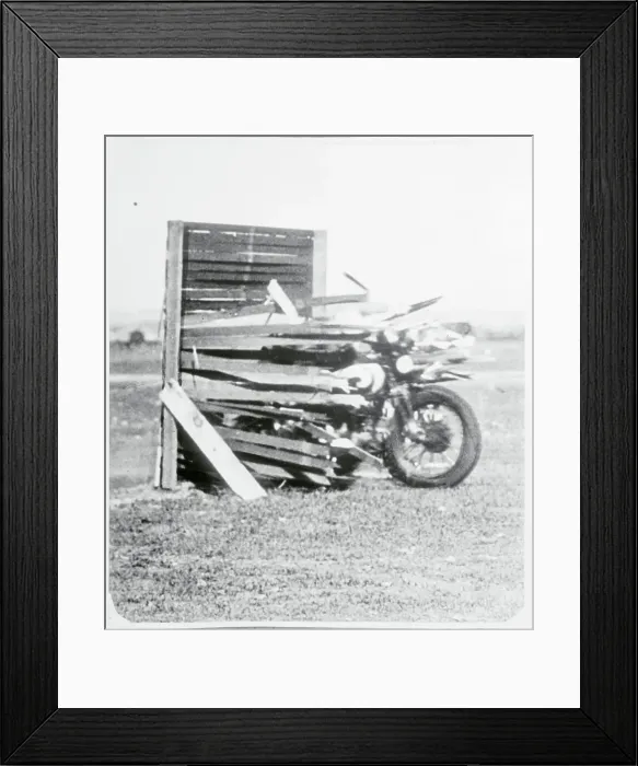 Framed Print : Motorcycle Crashing Through Fence Framed Print : Motorcycle Crashing Through Fence
