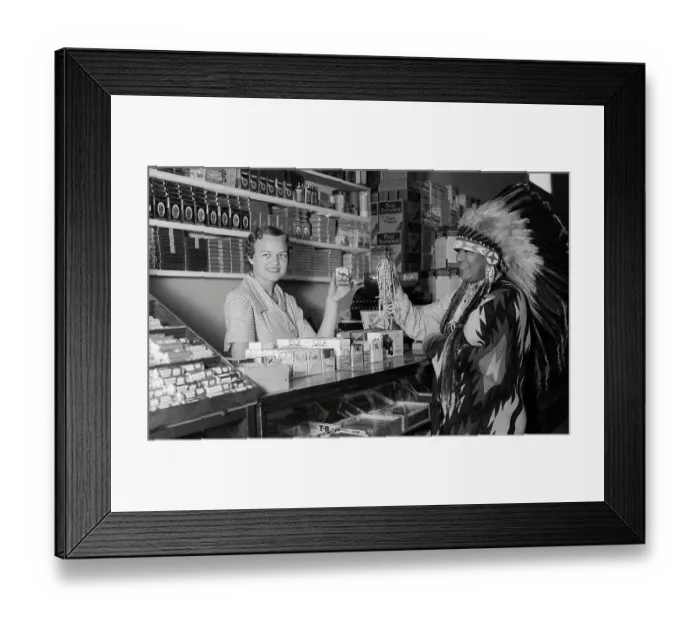 Framed Print : Merchant Bartering with Native American Framed Print : Merchant Bartering with Native American