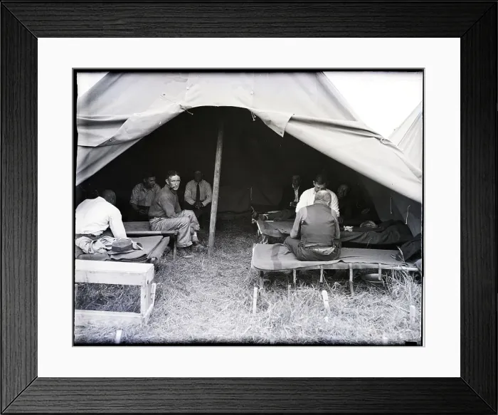 Framed Print : Bonus Marchers Sit on Cots Inside Tent Framed Print : Bonus Marchers Sit on Cots Inside Tent