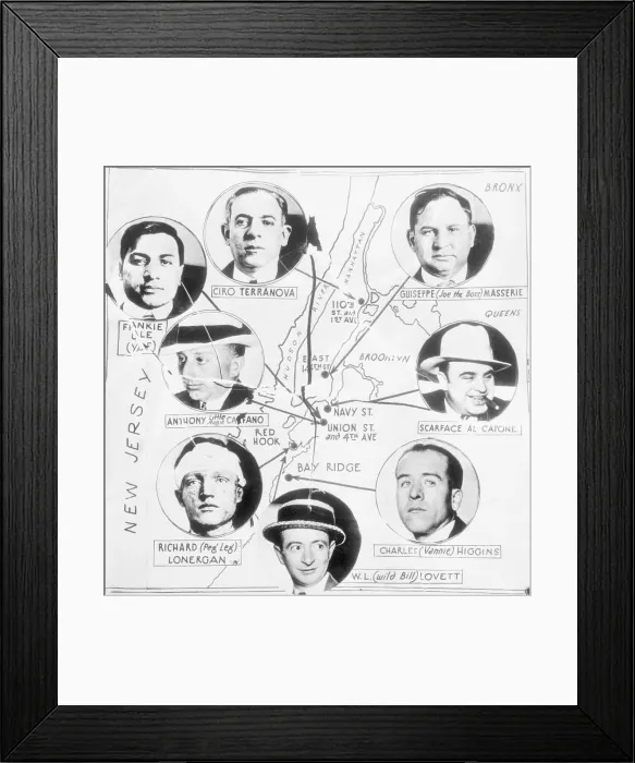 Framed Print : Chart Linking Gangsters to Map Framed Print : Chart Linking Gangsters to Map