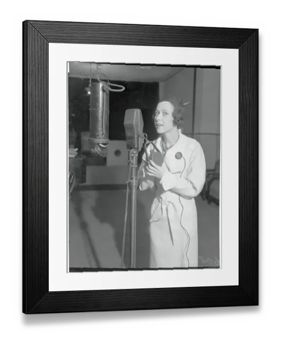 Framed Print : Comedienne Standing in Front of Microphone Framed Print : Comedienne Standing in Front of Microphone