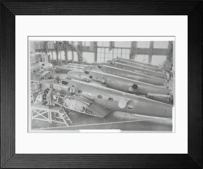 Framed Print : Workers and Airplanes in Interior of Boeing Plant