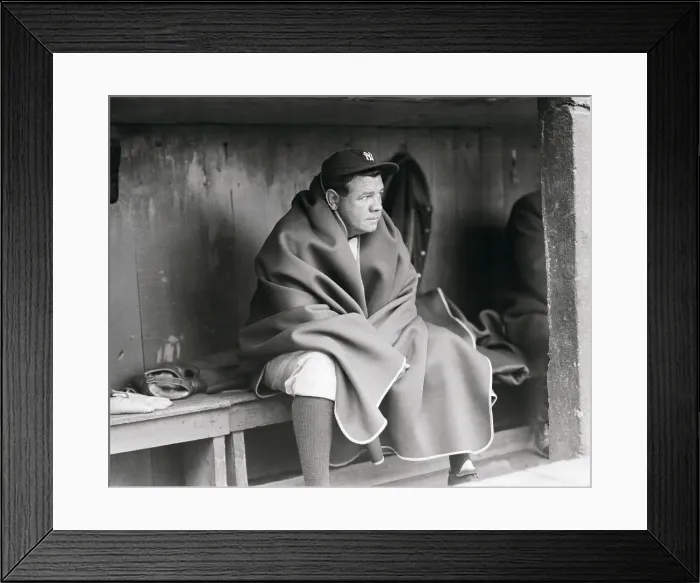 Framed Print : Babe Ruth Wearing Blanket in dugout