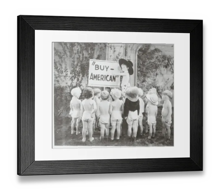 Framed Print : Babies Appearing in Movie with Buy American Sign Framed Print : Babies Appearing in Movie with Buy American Sign