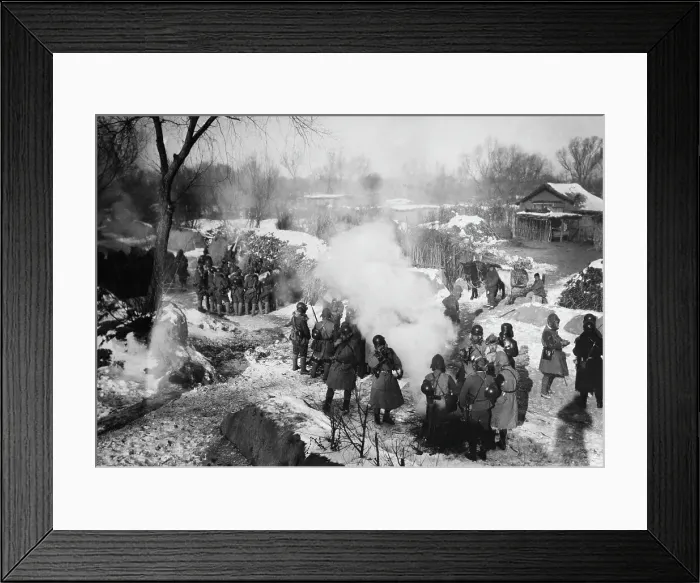 Framed Print : Troops Warm Themselves at Fires Framed Print : Troops Warm Themselves at Fires