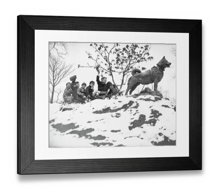 Framed Print : Children on Sleigh Near Statue Dedicated to Hero Dog Framed Print : Children on Sleigh Near Statue Dedicated to Hero Dog