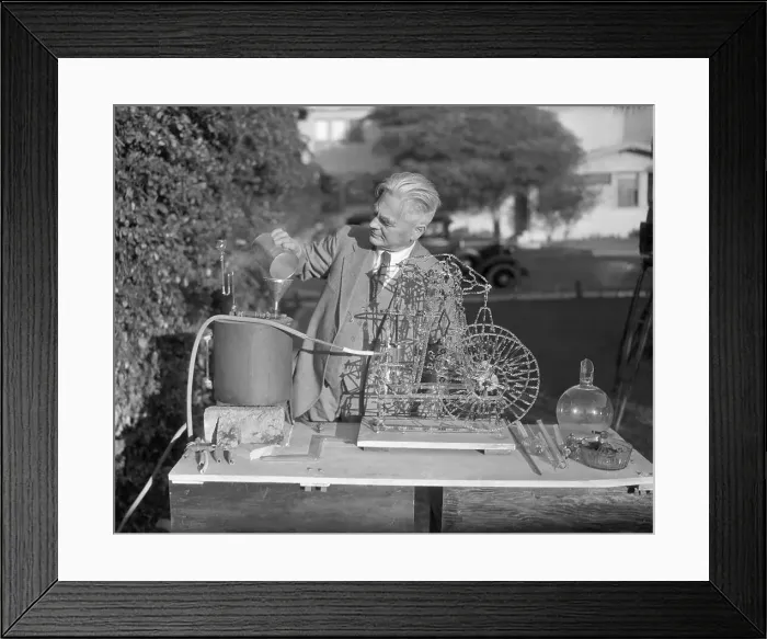 Framed Print : Jack Backman with His Glass Model Engine Invention Framed Print : Jack Backman with His Glass Model Engine Invention