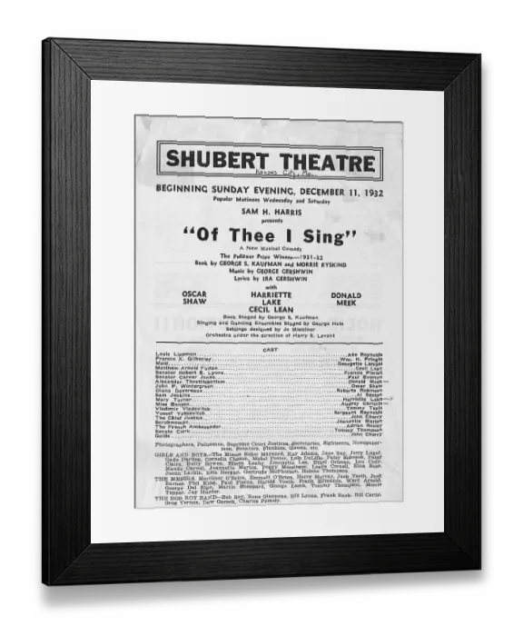 Framed Print : Program for Musical at Shubert Theatre Framed Print : Program for Musical at Shubert Theatre