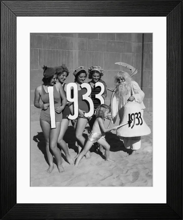 Framed Print : Baby New Year Ringing in 1933 with Father Time