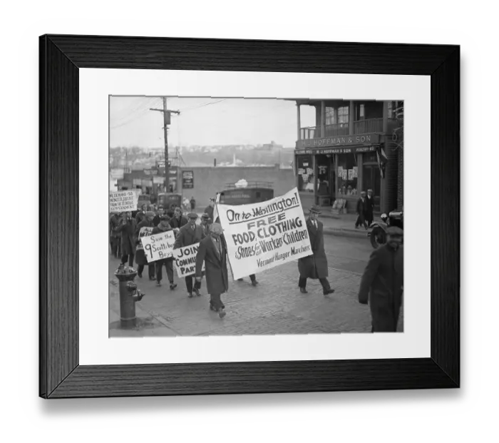 Framed Print : Hunger Marchers on Street with Large Signs Framed Print : Hunger Marchers on Street with Large Signs