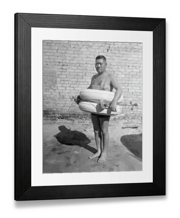 Framed Print : Inventor Displaying Traveling Life Preserver
