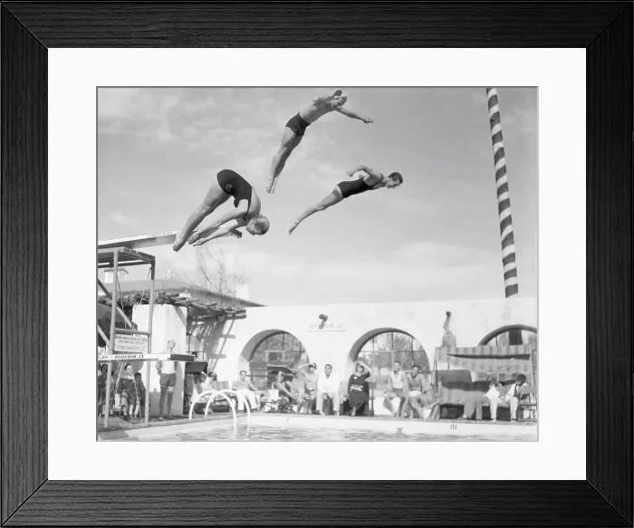 Framed Print : Olympians Diving into Swimming Pool Framed Print : Olympians Diving into Swimming Pool