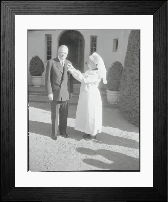 Framed Print : Herbert Hoover Being Pinned with Red Cross Button Framed Print : Herbert Hoover Being Pinned with Red Cross Button