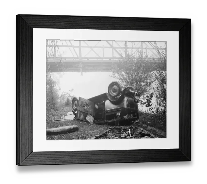 Framed Print : Upturned Automobile on Side of Bridge Framed Print : Upturned Automobile on Side of Bridge
