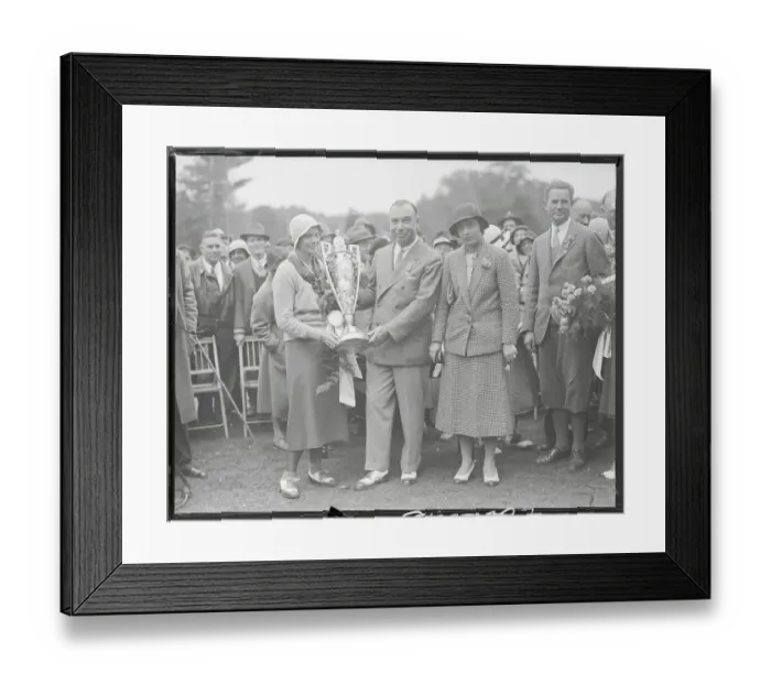 Framed Print : Golf Association President and Virginia Van Wie Holding Trophy Framed Print : Golf Association President and Virginia Van Wie Holding Trophy