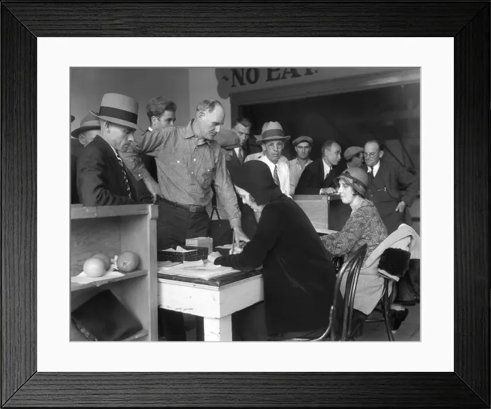 Framed Print : Unemployed Men Registering to Get Jobs Framed Print : Unemployed Men Registering to Get Jobs
