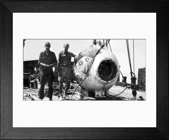 Framed Print : Inventors Otis Barton and William Beebe with Bathysphere Framed Print : Inventors Otis Barton and William Beebe with Bathysphere