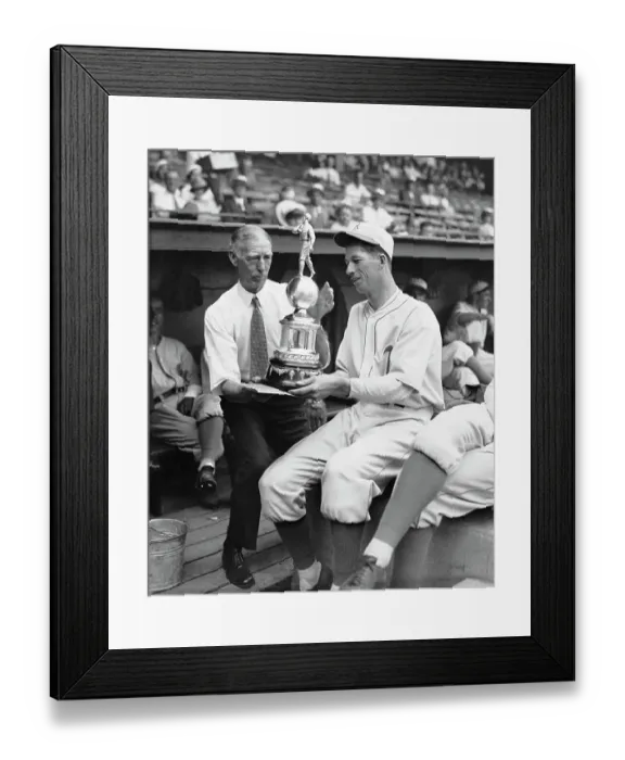 Framed Print : Moses Grove Shows Trophy To Connie Mack Framed Print : Moses Grove Shows Trophy To Connie Mack