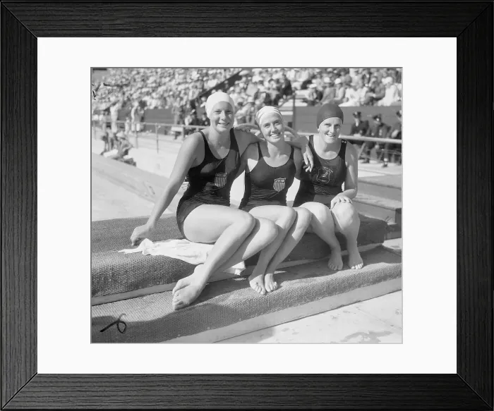 Framed Print : Women Swimming Medalist Posing for Camera Framed Print : Women Swimming Medalist Posing for Camera
