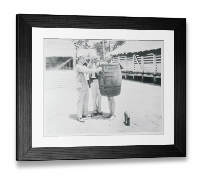 Framed Print : Man Wearing a Barrel Framed Print : Man Wearing a Barrel