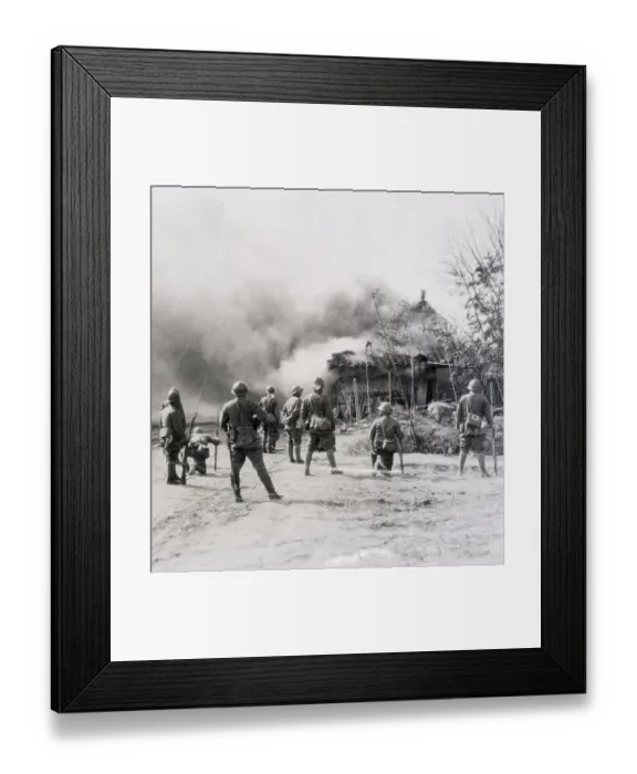 Framed Print : Japanese Soldiers Set Fire To Shack Framed Print : Japanese Soldiers Set Fire To Shack