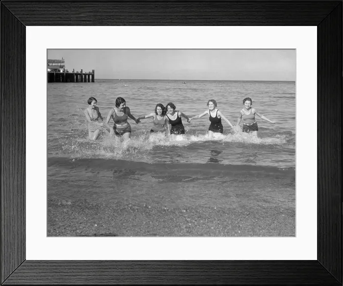 Framed Print : Group of young woman in sea holding hand, Santa Catalina Island, California, USA. March 03, 1932 Framed Print : Group of young woman in sea holding hand, Santa Catalina Island, California, USA. March 03, 1932