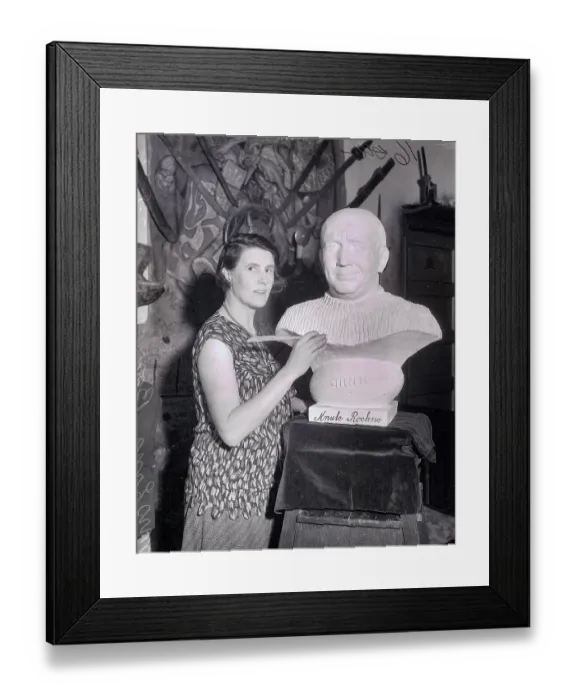 Framed Print : Artist Erna Borresen Standing by Bust of Knute Rockne Framed Print : Artist Erna Borresen Standing by Bust of Knute Rockne