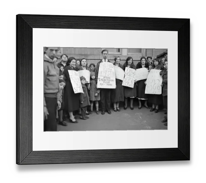 Framed Print : Rent Strikers Posing with Placards Framed Print : Rent Strikers Posing with Placards