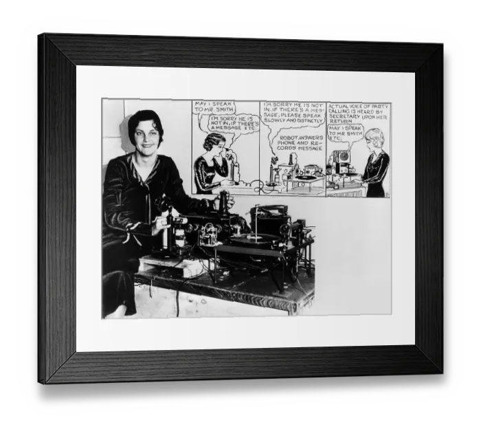 Framed Print : Woman Sitting Next to Early Answering Machine Framed Print : Woman Sitting Next to Early Answering Machine