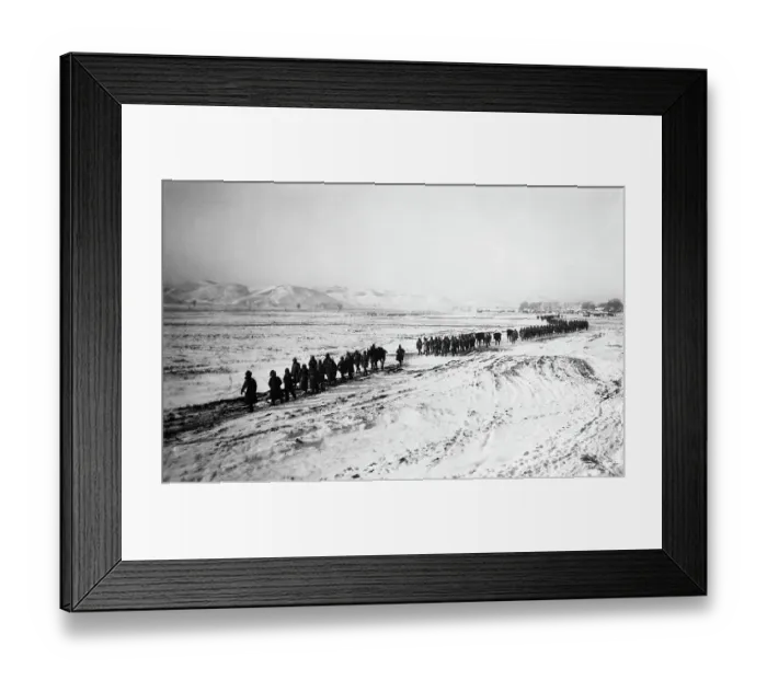Framed Print : Long Line of Troops Marching in Snow