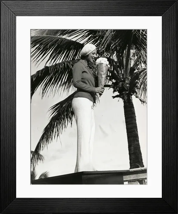 Framed Print : Woman Eating Huge Ice Cream Cone by Palm Tree Framed Print : Woman Eating Huge Ice Cream Cone by Palm Tree