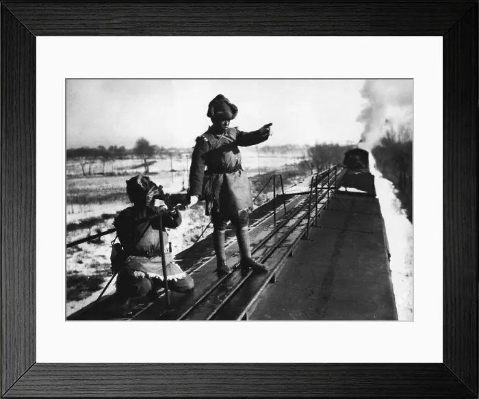 Framed Print : Japanese Guards Riding on Top of Train