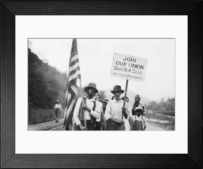 Framed Print : Striking Miners Hold Sign & Us Flag Framed Print : Striking Miners Hold Sign & Us Flag