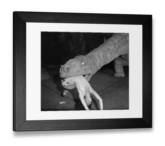 Framed Print : Fake Dinosaur Carrying Woman in Mouth Framed Print : Fake Dinosaur Carrying Woman in Mouth