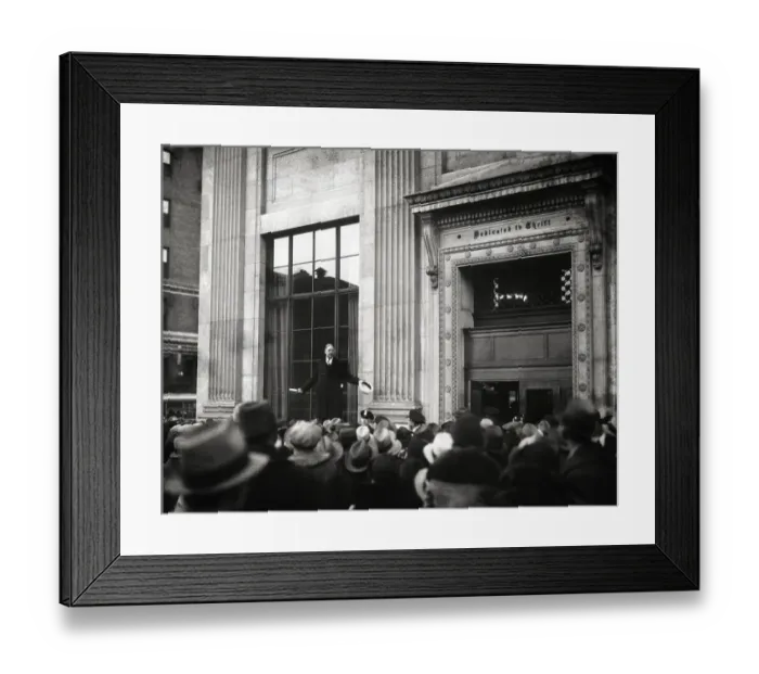 Framed Print : Bank President Speaking to Worried Customers Framed Print : Bank President Speaking to Worried Customers