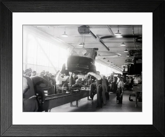 Framed Print : Ford Automobile Body Placed on Chassis on Assembly Line Framed Print : Ford Automobile Body Placed on Chassis on Assembly Line