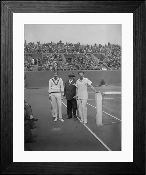 Framed Print : Bill Tilden Standing on Court with Jean Borotra and Official Framed Print : Bill Tilden Standing on Court with Jean Borotra and Official