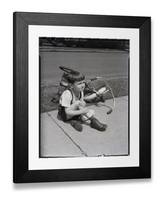 Framed Print : Little Boy with Overturned Tricycle and Skinned Knee Framed Print : Little Boy with Overturned Tricycle and Skinned Knee