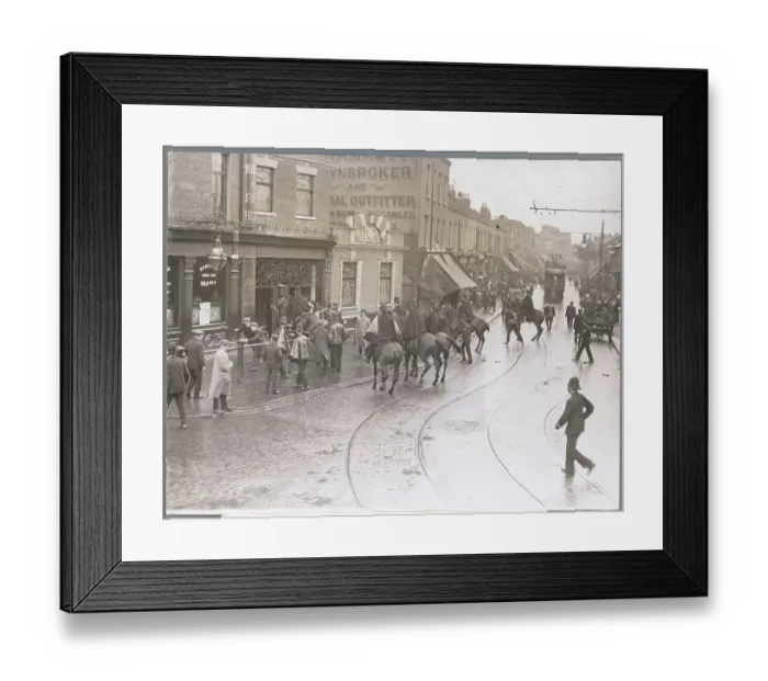 Framed Print : Policemen on Horses Monitoring Strike Scene Framed Print : Policemen on Horses Monitoring Strike Scene